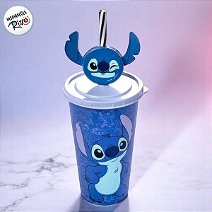Copo de Plástico com Tampa e Canudo Pin Stitch - 500ml  - 1 unidade - Disney Original - Rizzo
