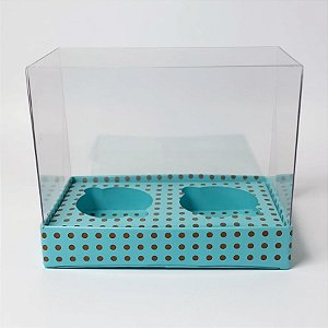 Caixa Mini Cupcake Com Tampa Transparente 2 Cavidades (11x9x5,5cm) Azul com Bolinhas Marrons - 10 unidades - Assk - Rizz