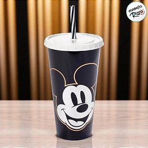 Copo de Plástico com Tampa e Canudo Mickey Preto e Prata - 700ml - 1 unidade - Disney Original - Rizzo