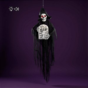 Enfeite Decorativo de Halloween com Luz e Som - Caveira com Lápide - Hércules - 136cm - 1 unidade - Cromus - Rizzo