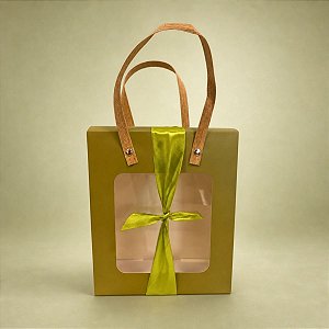 Sacola de Papel com Fita e Visor Alça de Fibra - Verde - 21x18x8,5cm - 1 unidade - Rizzo