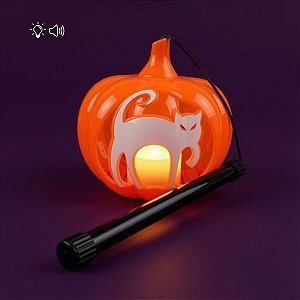 Enfeite Decorativo de Halloween Com Luz e Som - Lanterna De Abobóra Gato Branco - 12x12,5cm - 1 unidade - Rizzo