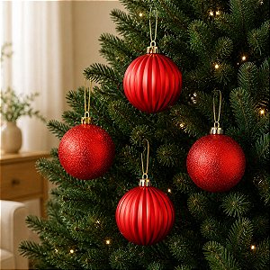 Bola de Natal - Vermelha - Gomo e Glitter - 8cm - 4 unidades - Cromus - Rizzo