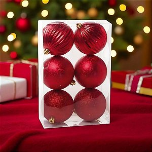 Bola de Natal - Vermelho - Gomo, Matte e Glitter - 10cm - 6 unidades - Cromus - Rizzo