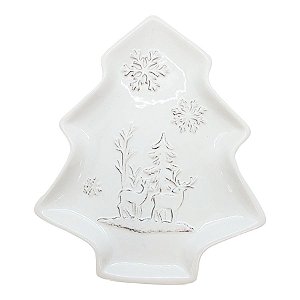 Bandeja Decorativa de Natal de Cerâmica - Pinheiro Floresta Branca- 24x19cm - 1 unidade - Rizzo