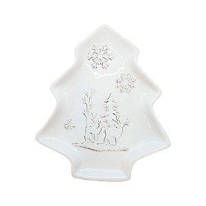 Bandeja Decorativa de Natal de Cerâmica - Pinheiro Floresta Branca- 18x15cm - 1 unidade - Rizzo