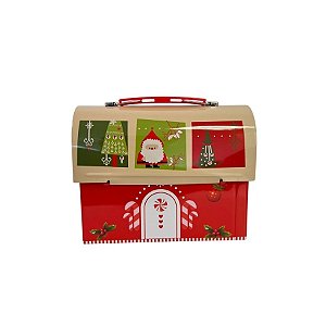 Lata de Metal de Natal - Caixa Maleta Cofre Vermelho e Bege - 17cm  - 1 unidade - Rizzo