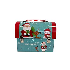 Lata de Metal de Natal - Caixa Maleta Cofre Vermelho - 17cm - "Merry Christmas" Papai noel, Rena e Boneco de Neve - Verd