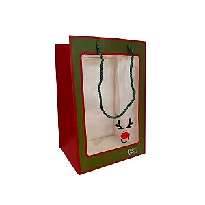 Sacola de papel com visor PVC 30x20x16cm - "Feliz Natal" - 10 unidades - Rizzo