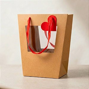 Sacola de Papel com visor duplo de PVC 26x15,5x15,5cm - Kraft com Alça Vermelha e Tag de Coração - 10 unidades - Rizzo