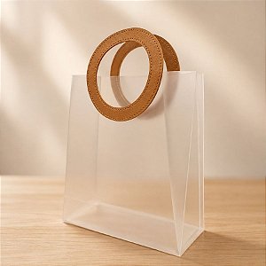 Sacola Transparente Fosca PVC com Alça Redonda de Couro Marrom - 27x23x11cm  - 1 unidade - Rizzo