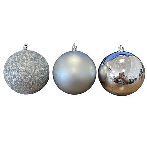 Bola de Natal em Tubo - Lisa, Fosco e Glitter Prata - 8cm - 6 unidades - Cromus - Rizzo