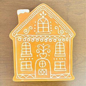 Bandeja Decorativa de Natal de Cerâmica - Casa Marrom Claro e Branco - 20x24cm - 1 unidades - Cromus - Rizzo