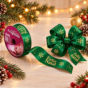 Fita de Cetim 10m x 22mm - Cor 1081 - Feliz Natal Verde - Rolo 10 metros - 1 unidade - Progresso - Rizzo