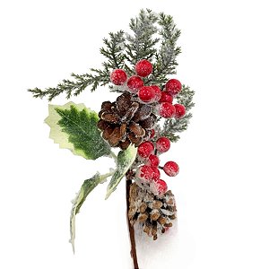 Pick Folhas, Frutas e Pinha Nevado - Verde/Marrom - 30cm   - 1 unidade - Cromus - Rizzo