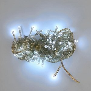 Cordão de LED Pisca Pisca Luz Branca Fria com Fio Transparente 100 Leds de 8 Funções - 10m - 1 unidade - Rizzo