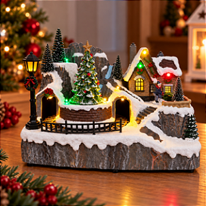 Cenário De Natal - Vila Natalina Com Trenzinho e Árvore de Natal - 23x15x18cm - 1 unidade - Rizzo