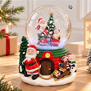 Enfeite Decorativo de Natal - Globo de Neve com Papai Noel, Crianças e Árvore De Natal - 22x22x23cm - 1 unidade - Rizzo