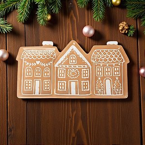 Bandeja Decorativa de Natal de Cerâmica - Casinhas Marrom e Branco - 2,5x33x15,5cm - 1 unidade - Cromus - Rizzo