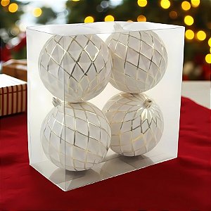 Bolas de Natal - Branca com Detalhes Dourados - 10cm - 4 unidades - Cromus - Rizzo