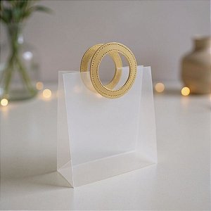 Sacola Transparente Fosca PVC com Alça Redonda de Couro Dourado - 18,5x16x8cm - 10 unidades - Rizzo