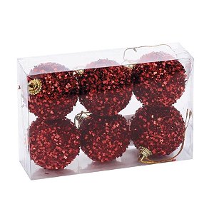 Bolas de Natal - Vermelho com Glitter - 5x5x5cm - 6 unidades - Cromus - Rizzo