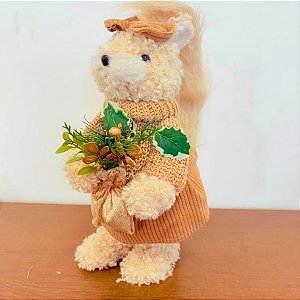 Enfeite Decorativo de Natal - Esquilo Bege - Laço, Bolsa e Flores - 36x14,5x19cm - 1 unidade - Cromus - Rizzo