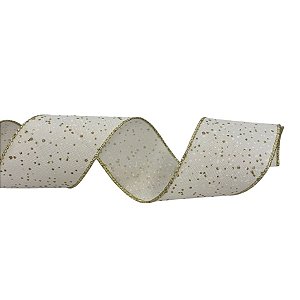 Fita Aramada Decorativa de Natal - Branco com Poá Ouro - 6,3cmx9,14m - 1 unidade - Cromus - Rizzo
