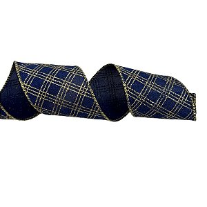 Fita Aramada Decorativa de Natal - Xadrez Azul e Ouro - 6,3cmx9,14m - 1 unidade - Cromus - Rizzo