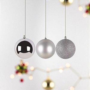 Bola de Natal em Tubo - Brilho/Fosco/Glitter Prata - 6cm - 6 unidades - Cromus - Rizzo