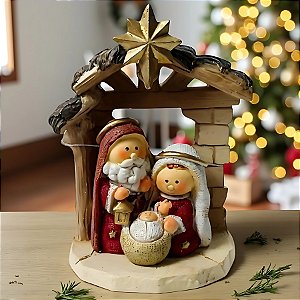 Enfeite de Natal em Resina - Sagrada Família - Branco e Vermelho - 9,5x6,5x5cm - 1 unidade - Cromus - Rizzo