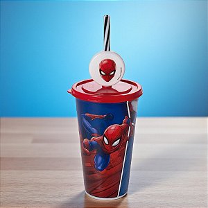 Copo de Plástico com Tampa e Canudo Pin Homem Aranha - 500ml - 1 unidade - Disney Original - Rizzo