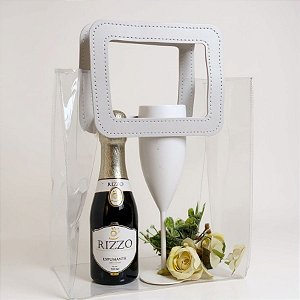 Sacola Transparente PVC com Alça Retangular Couro Branco - 24x21x11cm - 10 unidades - 10 unidades - Cromus - Rizzo
