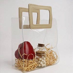 Sacola Transparente PVC com Alça Retangular Couro Bege - 24x21x11cm - 10 unidades - 10 unidades - Cromus - Rizzo