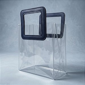Sacola Transparente PVC com Alça Retangular Couro Azul Escuro - 16,4x14,2x7,3cm - 1 unidade - Cromus - Rizzo