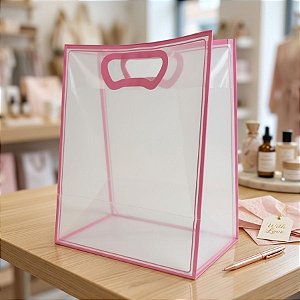 Sacola Transparente Fosca Pvc Alça Plana Rosa Claro - 40x30x12cm - 1 unidade - 1 unidade - Cromus - Rizzo