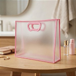 Sacola Transparente Fosca Horizontal Pvc Alça Plana Rosa Claro - 22x30x9cm - 1 unidade - 1 unidade - Cromus - Rizzo