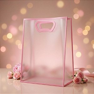 Sacola Transparente Fosca Pvc Alça Plana Rosa Claro - 25x15x9cm - 1 unidade - 1 unidade - Cromus - Rizzo