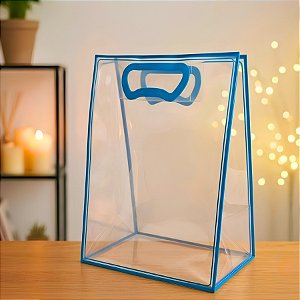 Sacola Transparente Fosca Pvc Alça Plana Azul Claro - 25x15x9cm - 1 unidade - 1 unidade - Cromus - Rizzo