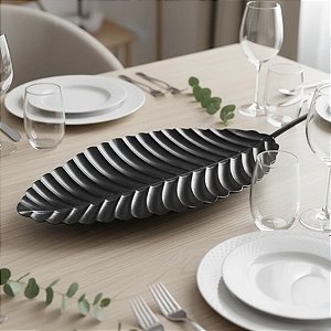 Centro De Mesa Bandeja Folha - Preto - 47x21cm - 1 unidade - Rizzo