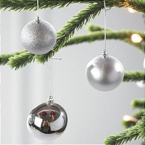 Bolas de Natal em Tubo - Prata Fosco/Brilho com Glitter - 10x10cm - 6 unidades - Cromus - Rizzo