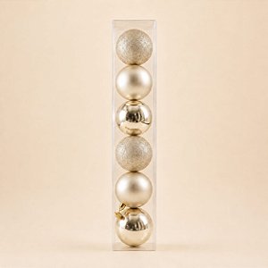 Bolas de Natal em Tubo - Champagne Fosco com Glitter - 8x8cm - 6 unidades - Cromus - Rizzo