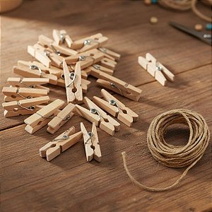 Mini Prendedor de Madeira Natural com Fio de Juta - 2,5cm  - 50 unidades - Rizzo