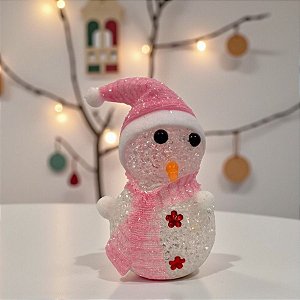 Enfeite Decorativo de Natal com Luz - Boneco de Neve com Cachecol - Rosa - 18cm - 1 unidade - Rizzo