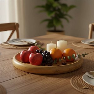 Centro De Mesa Bandeja Redonda em Madeira - 28x28x3,5cm - 1 unidade - Rizzo