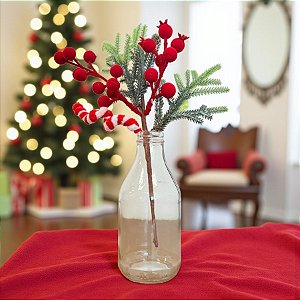Galho Decorativo de Natal - Folhas com Frutas e Bengala Doce - 29,5x14x6,5cm - 1 unidade - Cromus - Rizzo