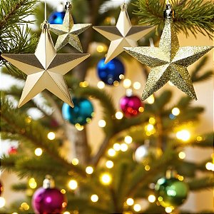 Enfeite Para Pendurar de Natal - Estrela Ouro Lisa e Glitter - 6,2x6,5x2,5cm - 12 unidades - Cromus - Rizzo