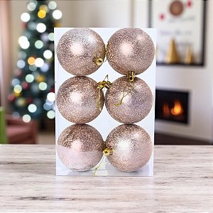 Bolas de Natal - Champanhe com Glitter Branco - 8x8cm - 6 unidades - Cromus - Rizzo