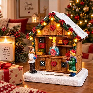 Cenário De Natal - Lojinha de Madeira com Luz - 10,5x10,5x15cm - RZO02308 - 1 unidade - Rizzo