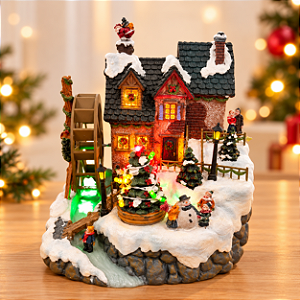 Cenário De Natal - Casa com Roda d'agua com Som , Luz e Movimento - 18x15,5x20,5cm - RZO02304 - 1 unidade - Rizzo